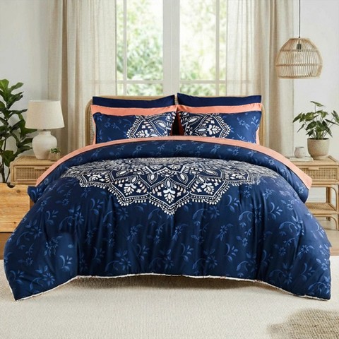 Regency Heights 9 Pcs BIAB Botanical Print Comforter Set, Premium Touch Boho Style Bed in a Bag Durable Bed Set for Year-Round Use, Navy, Queen