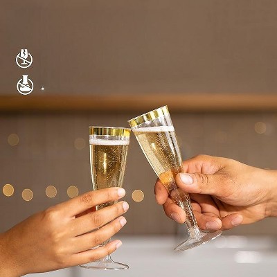 Gold Rimmed Glitter Plastic Champagne Flutes, 24 Pack