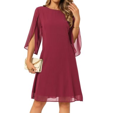INSPIRE CHIC Women's Chiffon Summer 3/4 Sleeve Crewneck Flowy Knee Length  Dress Large Wine Red : Target