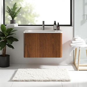 24" Floating Bathroom Vanity with Striped Natural Oak Texture, Wall-Mounted Cabinet, Integrated White Ceramic Sink - 1 of 4