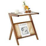Costway Rattan Side Table Bamboo Accent Bedside Table with Tempered Glass Top Walnut/Natural