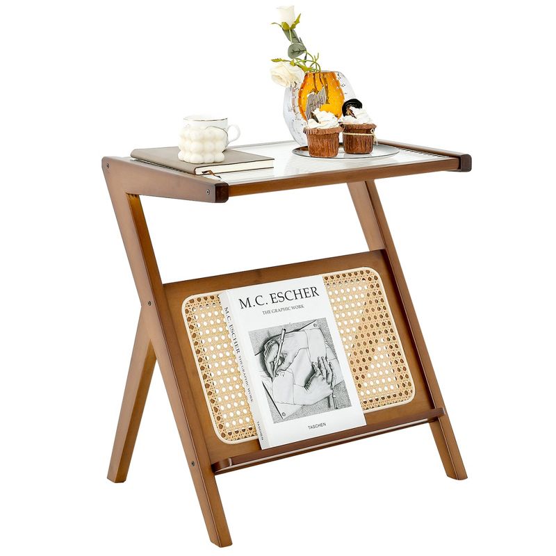 Costway Rattan Side Table Bamboo Accent Bedside Table with Tempered Glass Top Walnut/Natural, 1 of 11