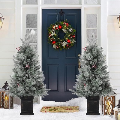 3 ft Pre Lit Premium Snow Flocked Artificial Christmas Tree with 8 Mode Warm White Led, Mini Pre Lit Xmas Pine Tree for Christmas, Set of 2