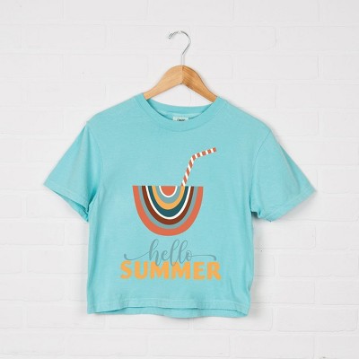 Simply Sage Market Women's Boho Hello Summer Drink Short Sleeve Relaxed Fit Cropped Graphic Tee