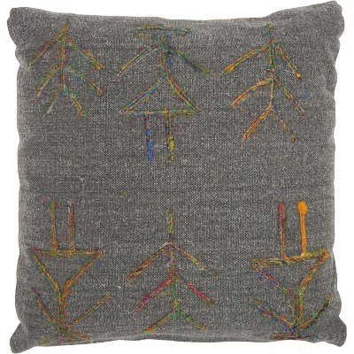 Charcoal Embroidered Figures Square Throw Pillow 18"