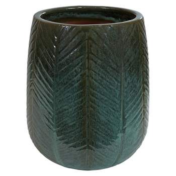 Sunnydaze Chevron Pattern Ceramic Outdoor Planter - 10" Round - Dark Olive
