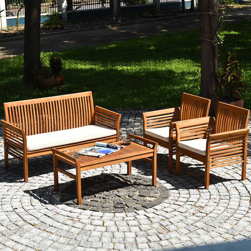 Costway 4 PCS Outdoor Acacia Wood Sofa Furniture Set Cushioned Chair Coffee Table Garden, 5 of 11