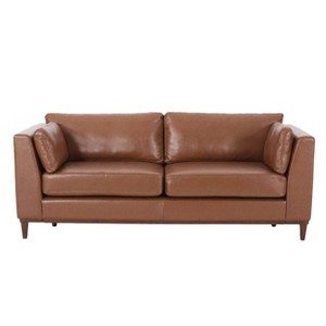 Warbler Contemporary Faux Leather Upholstered 3 Seater Sofa Cognac Brown/Espresso - Christopher Knight Home: Low-Profile, Tapered Legs - 1 of 4