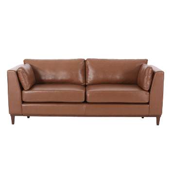 Warbler Contemporary Faux Leather Upholstered 3 Seater Sofa Cognac Brown/Espresso - Christopher Knight Home