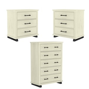 Festivo 3pc Contemporary 38" 5 Drawer Chest and 3 Drawer Nightstand Set Saw Cut Off-White - 1 of 4