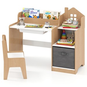 Tangkula Kids Desk & Chair Set w/ Open Shelves Drawer & Fabric Storage Bin - 1 of 4