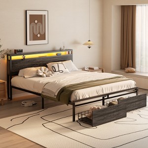 Aheaplus Platform Bed with Hidden Drawers, Storage Headboard, LED Light, and Charge Station - 1 of 4