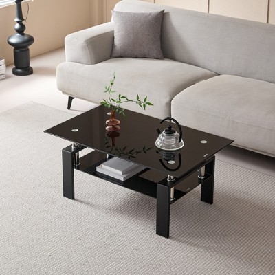 DOMETOUR Tempered Clear Glass Coffee Table, 2-Layers Coffee Table Living Room Center Table
