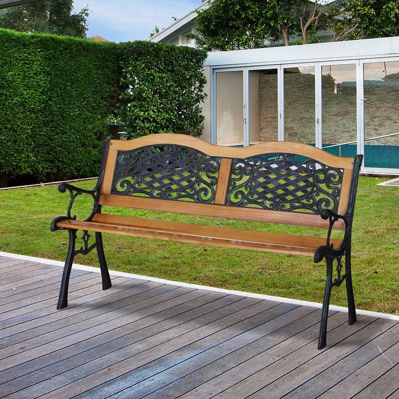 Outsunny 50" Outdoor Garden Bench, Park Style Patio Bench with a 2 Person Loveseat Design, Wood & Metal with Antique-like Flourishes, Teak, 4 of 10