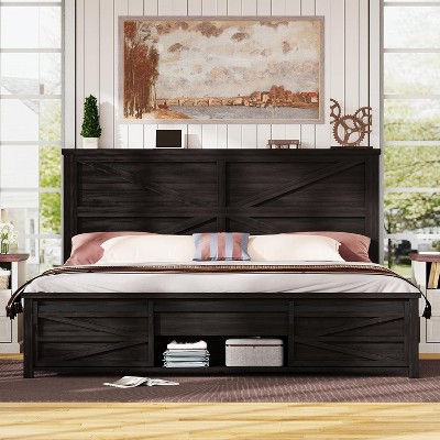 AMERLIFE Farmhouse Size Bed Frame with Sliding Barn Door Storage