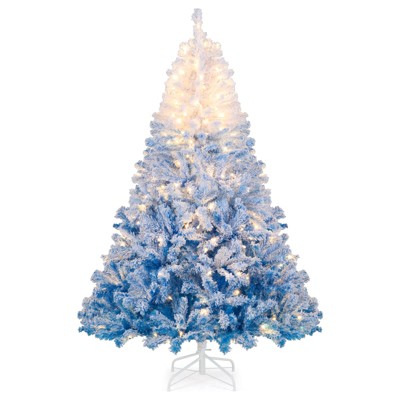 Costway 6 FT Artificial Christmas Tree with 250 Warm White LED Lights, 8 Lighting Modes & Folding Metal Stand White & Blue