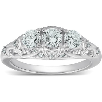 Pompeii3 1ct Three Stone Vintage Engagement Unique Ring With Accents 14k White Gold
