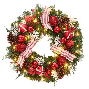 Christmas Wreath, Xmas Wreath for Front Door with Gold Bowknot, Artificial Pre-Decorated Holiday Accent with Ball Ornaments,Pine Cones - 1 of 4