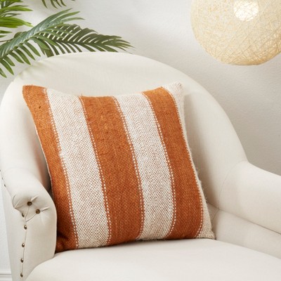 Orange and Off-White Cotton Stripe Throw Pillow Cover, 20"x20"