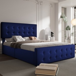 Bed Frame with 4 Storage Drawers, Linen Upholstered Platform Bed Frame with Wooden Slats Support, Button Tufted Design - 1 of 4