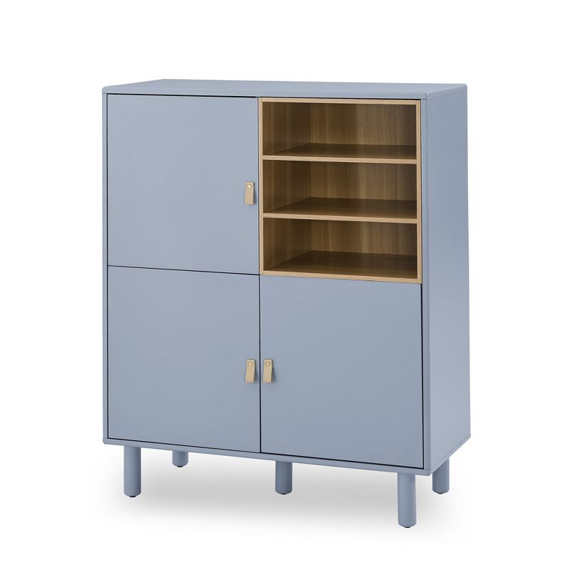 Dresser Closet, Storage Cabinet With Leather Handles, 3 Doors, Solid Wood Round Legs, Open Shelves, 3 of 6