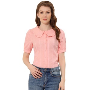 Allegra K Women's Peter Pan Collar Swiss Dots Short Sleeves Button Front Shirt - 1 of 4