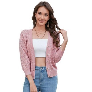 Coolmee Women's 3/4 Sleeve Crochet Cardigan Button Down  Cropped Knit Shrug Bolero Lightweight Sweaters Top - 1 of 4