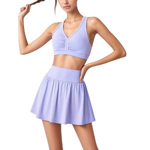 Anna-Kaci Women's Pleated Athletic Skirt and Ruched Sports Bra Set with Wide Waistband and Stretch Fit - 1 of 4