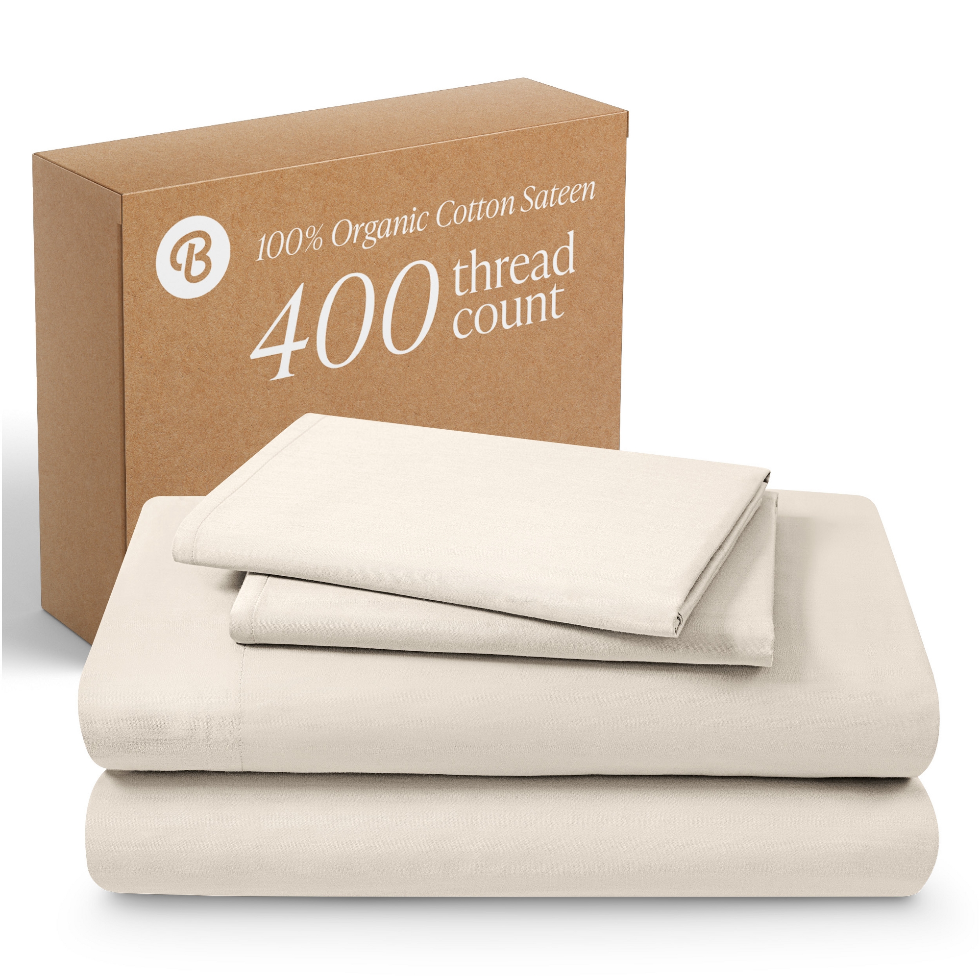 4 Piece 400 Thread Count Organic Cotton Sateen Bed Sheet Set by Bare Home - Queen, French Beige