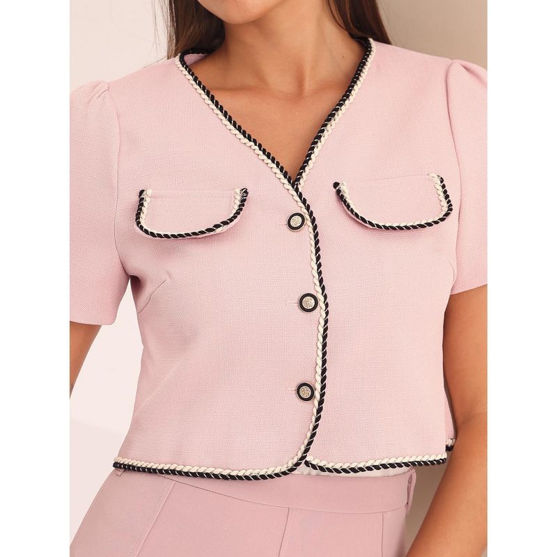 Hobemty Women's Tweed Contrast Trim Button Down Short Sleeve Work Office Blazer, 4 of 5