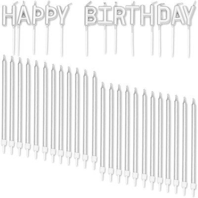 Blue Panda 37-Count Metallic Silver "Happy Birthday" Letters Cake Topper with Thin Candles 5-Inch & Holders
