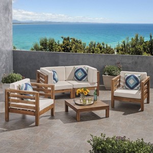Oana 5pc Acacia Wood Loveseat Chat Set Teak/Beige: Modular Outdoor Furniture with Plush Cushions - Christopher Knight Home - 1 of 4
