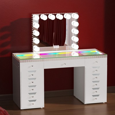 VANITII 13-Drawer Makeup Vanity Table With RGB Strip Light, Bluetooth 14 LED Bulbs Mirror, White