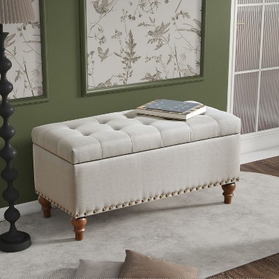 VYNXARIA Ottoman storage bench, recessed support hinge top easy to open, rivet trim around, bedroom, entrance, living room