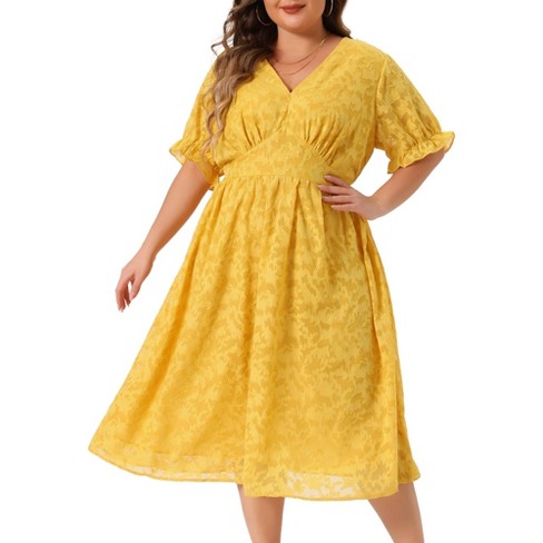 Agnes Orinda Women s Plus Size Elegant Lace Floral Ruffle Short Sleeve V Neck Trendy Midi Dresses Yellow 4x Target