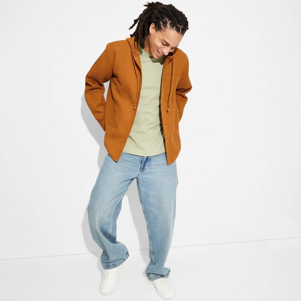 Men's Hooded Long Sleeve Button-Down Shirt - Original Use™ Brown M: Midweight Waffle Fabric, Front Pocket