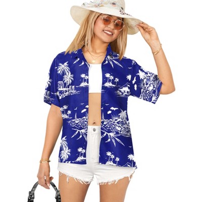 LA LEELA Button Down Shirt Casual Summer Beach Party Blouses Shirt V Neck Blouse Short Sleeve Vacation Button Up Dress Hawaiian Shirts