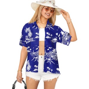 LA LEELA Button Down Shirt Casual Summer Beach Party Blouses Shirt V Neck Blouse Short Sleeve Vacation Button Up Dress Hawaiian Shirts - 1 of 4