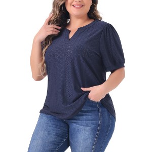 Agnes Orinda Women's Plus Size Summer Eyelet V Neck Short Sleeve Blouse - 1 of 4