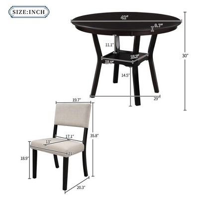 Espresso Round 5-Piece Dining Set with Beige Upholstered Chairs