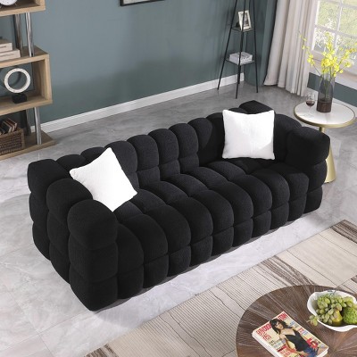 NicBex 84.25 Inch Boucle Upholstered Couch,3-Seater Sofa with 2 Pillows for Living Room,Office,Apartment,Black