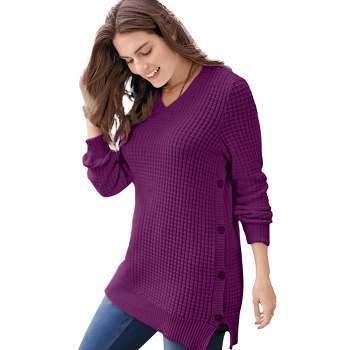 Woman Within Women's Plus Size Side Button V-Neck Waffle Knit Sweater