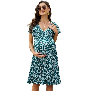 Women's Maternity Short Sleeve Summer Smocked Dress V Neck Boho Ruffle Casual Swing Midi Dress Baby Shower Photoshoot - 1 of 4