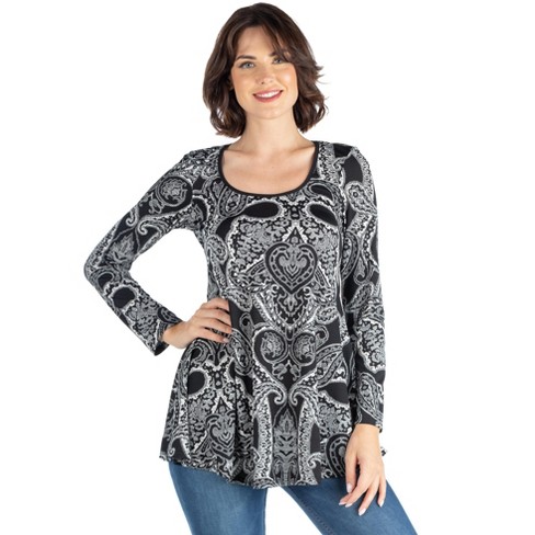 24seven Comfort Apparel Black Paisley Long Sleeve Tunic Top-multi-m ...