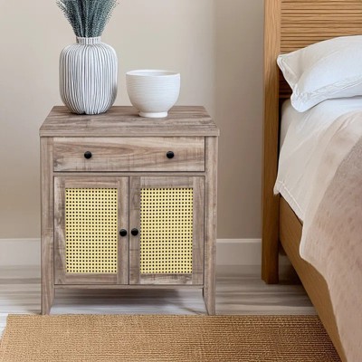 COMHOMA Wood Cabinet with Rattan Decorated Door, Sliding Drawer, Adjustable Shelf, Nightstand, Bedside Table