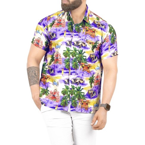 HAPPY BAY Men's Hawaiian Shirts Short Sleeve Button Down Shirt Mens Hawaii Shirts Boho Vacation Casual Beach Shirts for Men L Hawaii Party, Purple - image 1 of 4