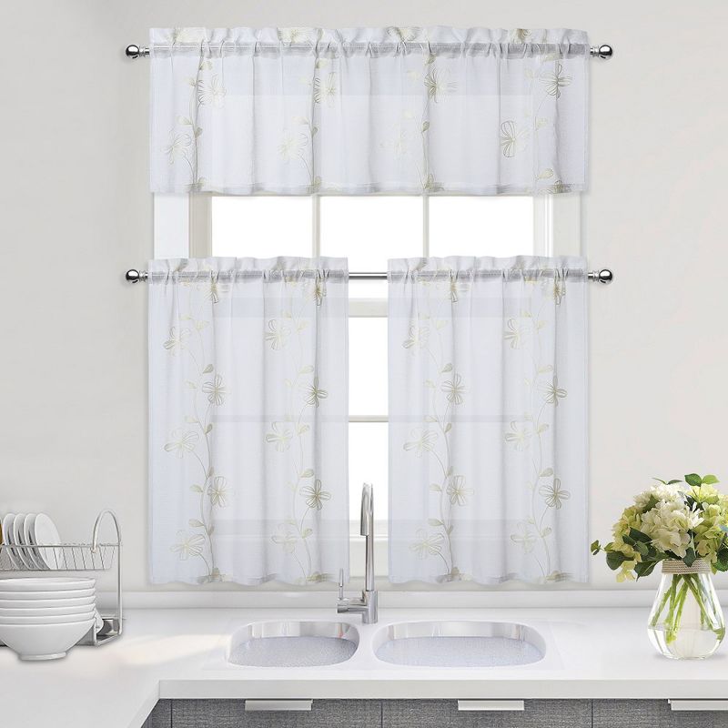 Whizmax Sheer Floral Embroidered Small Curtains Rod Pocket Kitchen Window Treatment, 5 of 6