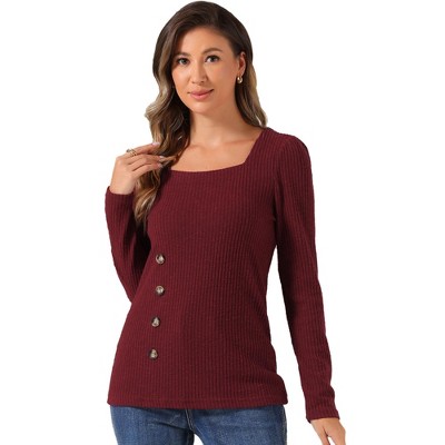 Allegra K Women's Casual Long Sleeve Button Decor Square Neck Sweater Top
