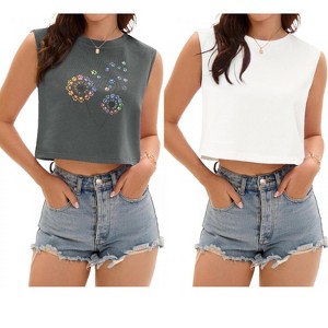 ATHLECHIC Women's Casual Loose Crewneck Sleeveless Crop Tank Top 2 Packs - 1 of 4