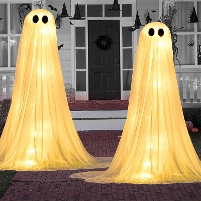 Joyfy 2 Pack 50'' Halloween Standing Ghost Outdoor Decoration,  White Ghost with Warm String Light Haunted House Props for Garden Yard Porch Lawn